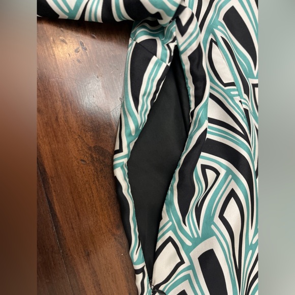 Tibi Shift Dress Size 10 Geometric Pattern Black White Teal 100% Silk Business - Picture 6 of 16